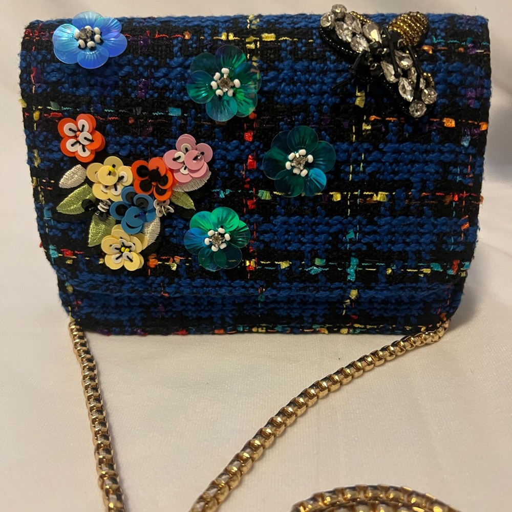 Urban Revivo Blue Tweed Crossbody Bag with Floral Accents